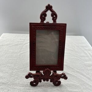 Cast Iron Tabletop Easel Frame Ornate Distressed Red Vintage Style Photo Holder